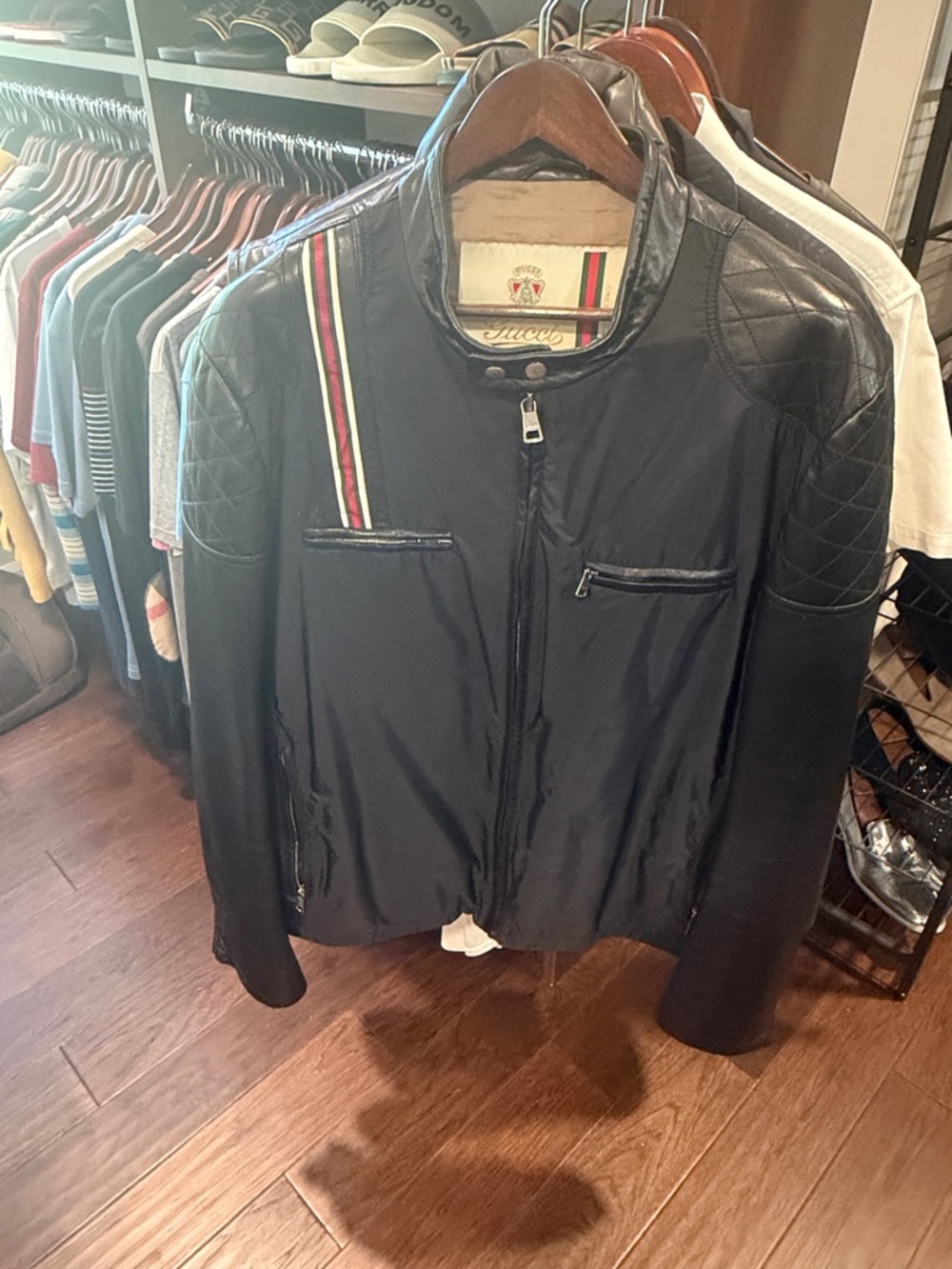 GUCCI Vintage Black Nylon and Leather Jacket with Signature Web Trim.